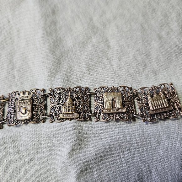 Vintage Paris France Silver Plated Filigree Panel Link Souvenir Bracelet 40s 50s - Picture 6 of 7